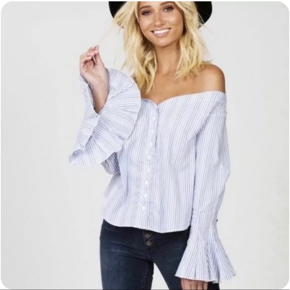 Free People March to the Beat Off the Shoulder Striped Top flared bell… - Picture 2 of 8